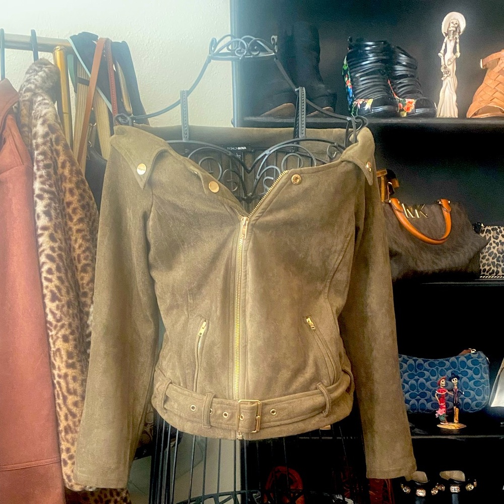 Off the shoulder belted suede jacket